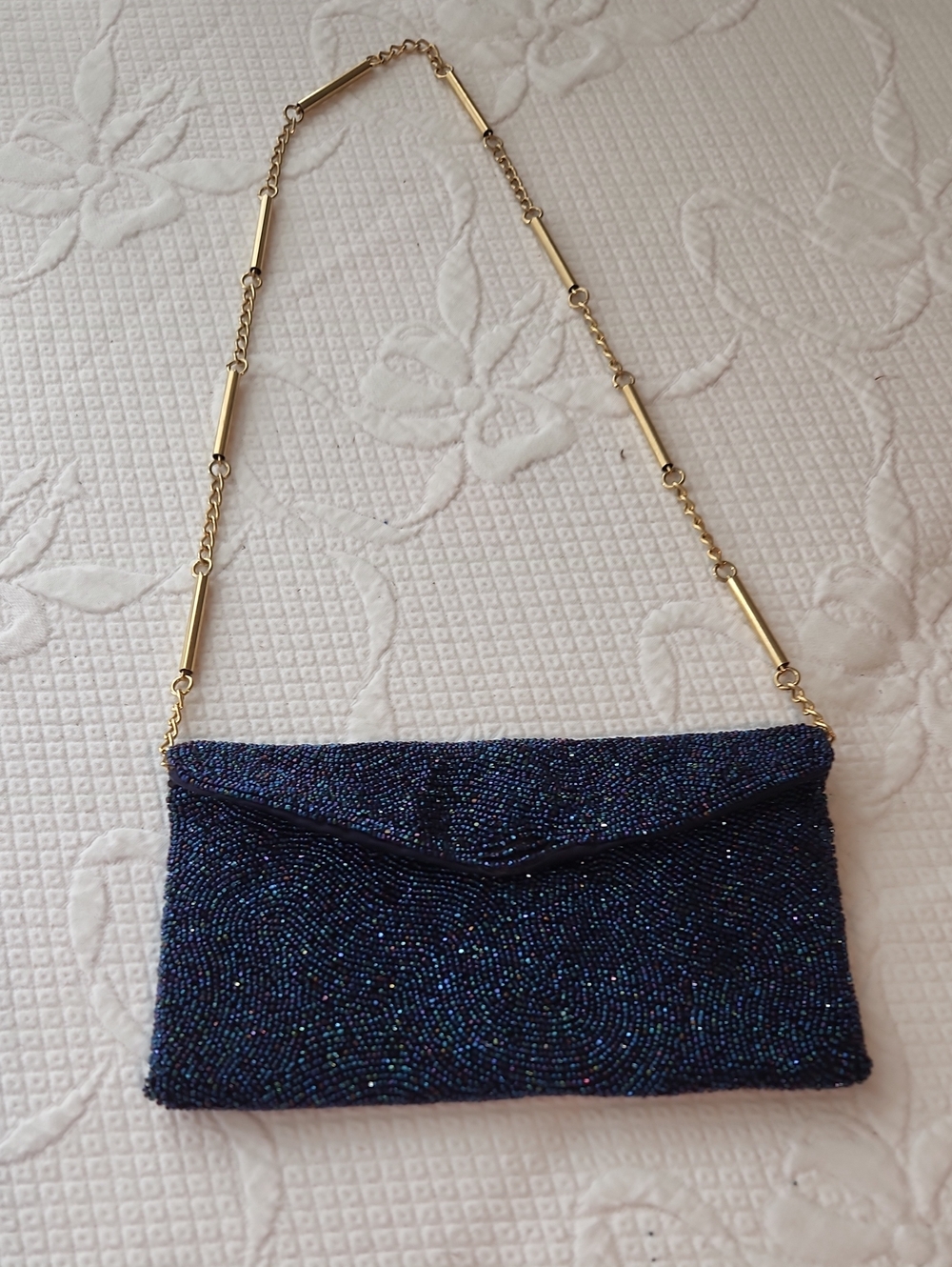 Beaded Navy Evening Clutch with Gold Chain Strap